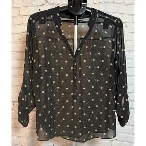 a.n.a Petite Black Gold Star Print Sheer‎ Chiffon Henley Blouse PXL 3/4 Sleeve